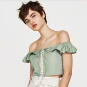 Zara off-the-shoulder seafoam green top